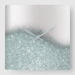 Glitter Blue Pastel Grey Minimal Metallic Square Wall Clock