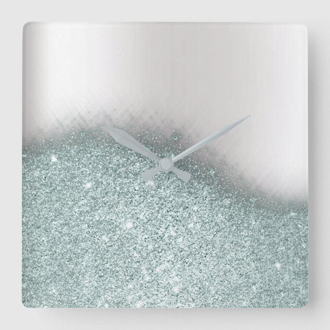 Glitter Blue Pastel Grey Minimal Metallic Square Wall Clock (Front)