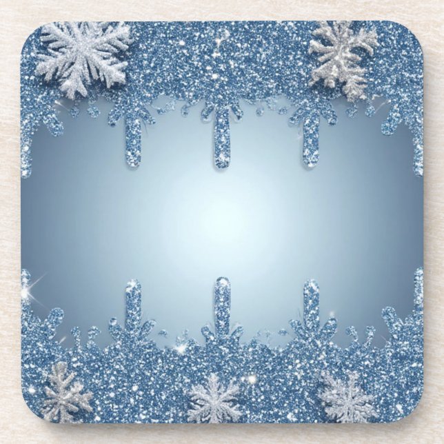 Glitter Blue Snowflake Frame With Icicles Coaster (Front)