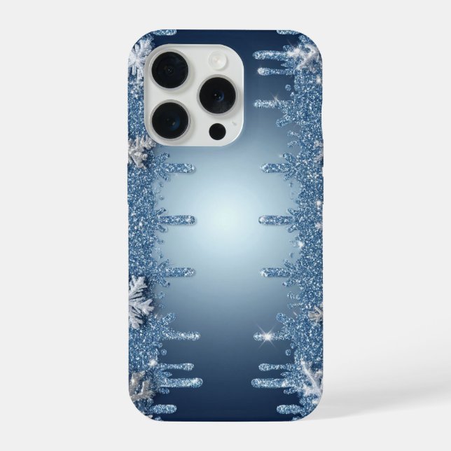 Glitter Blue Snowflake Frame With Icicles iPhone Case (Back)
