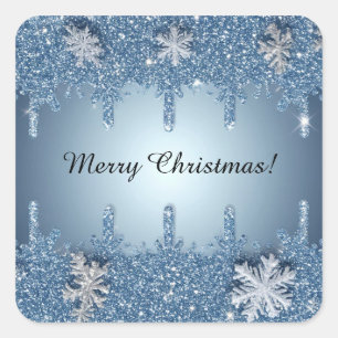 Glitter Blue Snowflake Frame With Icicles Square Sticker