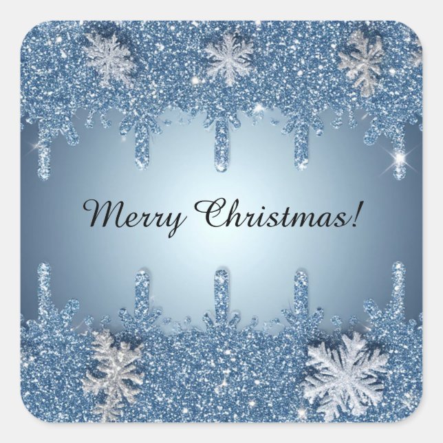 Glitter Blue Snowflake Frame With Icicles Square Sticker (Front)