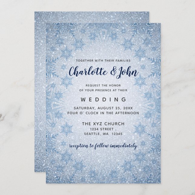 Glitter Blue Snowflakes winter wedding invitation (Front/Back)