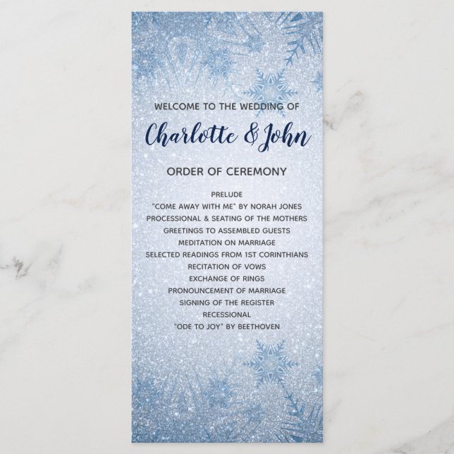 Glitter Blue Snowflakes winter wedding programs Programme (Front)