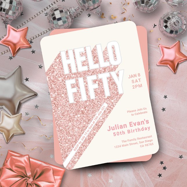 Glitter Blush Pink Bold Typography 50th Birthday Invitation (Glitter Blush Pink Bold Typography 50th Birthday Invitation)