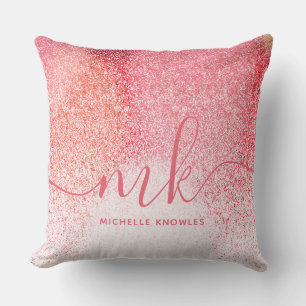 Glitter Blush Pink Rose Gold Monogrammed Script Cushion