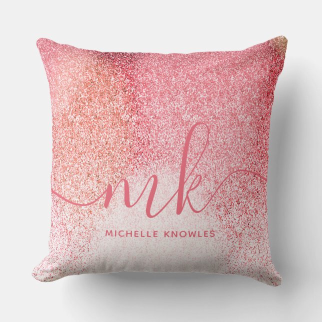 Glitter Blush Pink Rose Gold Monogrammed Script Cushion (Front)
