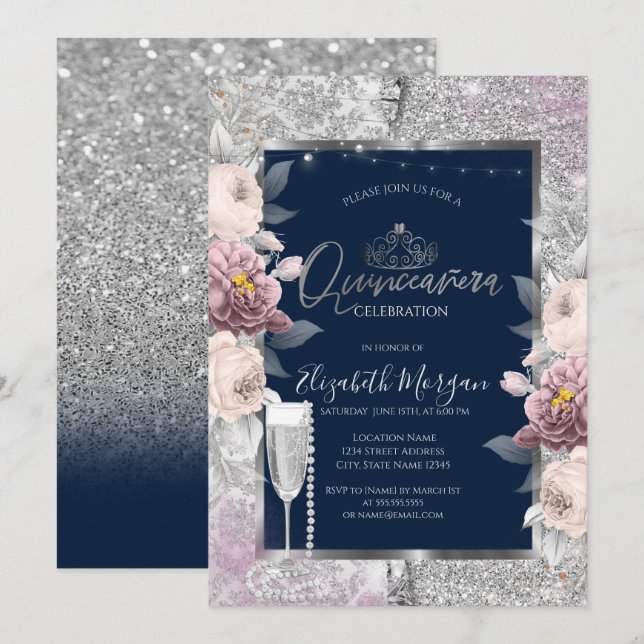 Glitter,Boho Flowers,Glass Pearls Blue Quinceanera Invitation (Front/Back)