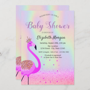 Glitter Bokeh, Flamingo, Holographic Baby Shower Invitation