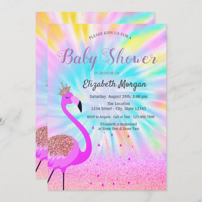 Glitter Bokeh, Flamingo, Ombre Tie Dye Invitation (Front/Back)
