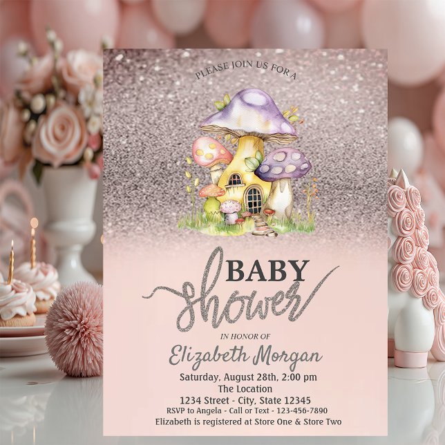 Glitter Bokeh,Floral Mushroom Houses Baby Shower  Invitation (Creator Uploaded)