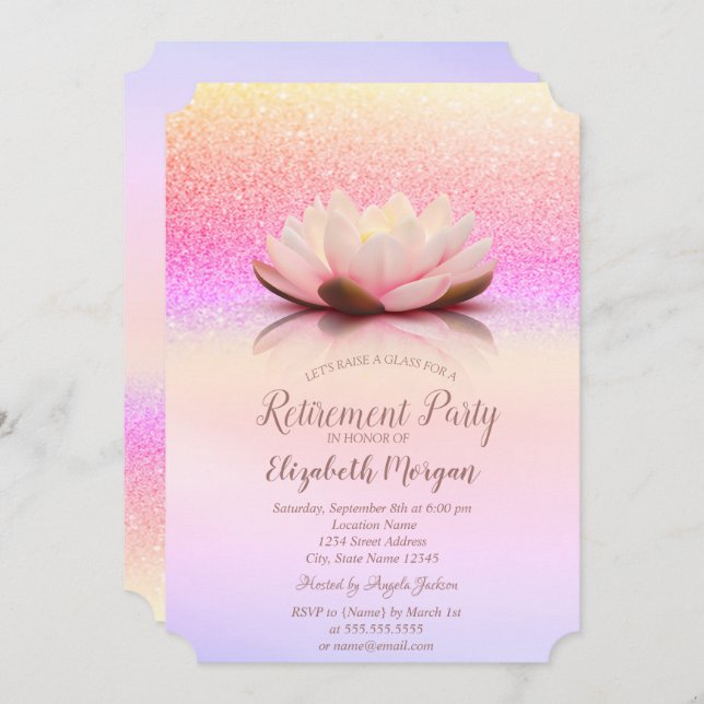 Glitter Bokeh Ombre Lotus Retirement Invitation (Front/Back)
