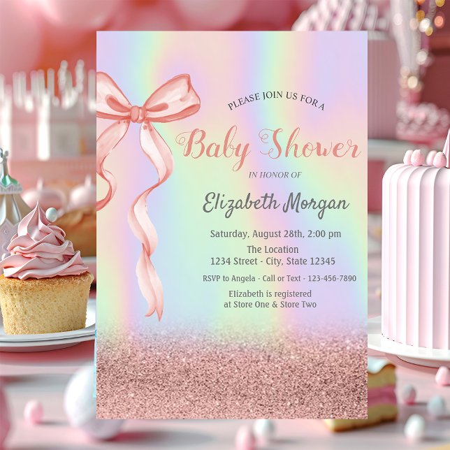 Glitter Bokeh, Pink Bow Holographic Baby Shower Invitation (Creator Uploaded)