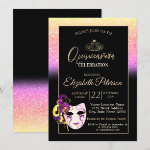 Glitter Bokeh, Tiara, Masquerade Quinceañera Invitation