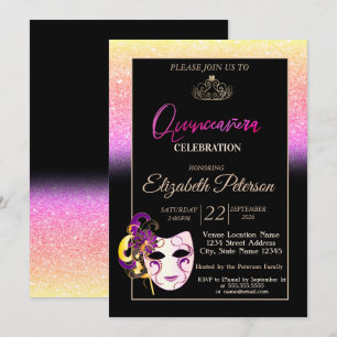 Glitter Bokeh, Tiara, Masquerade Quinceañera Invitation