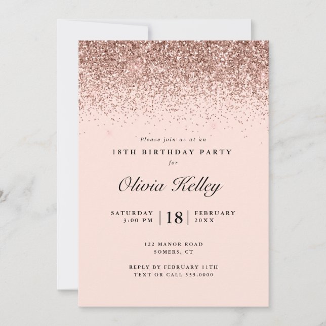 Glitter Border Birthday, Rose Gold Pink Invitation (Front)