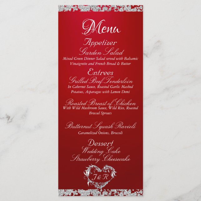 Glitter Border on Crimson Red Wedding Menu (Front)