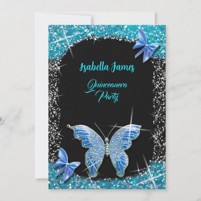 glitter bow black blue turquoise Butterfly elegant Invitation (Front)
