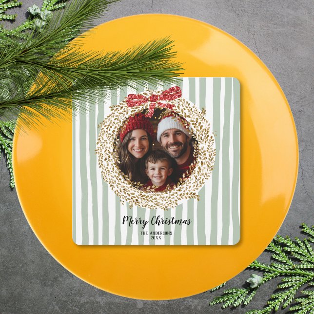 Glitter Bow Merry Christmas Wreath Family Photo  Invitation (Creator Uploaded)