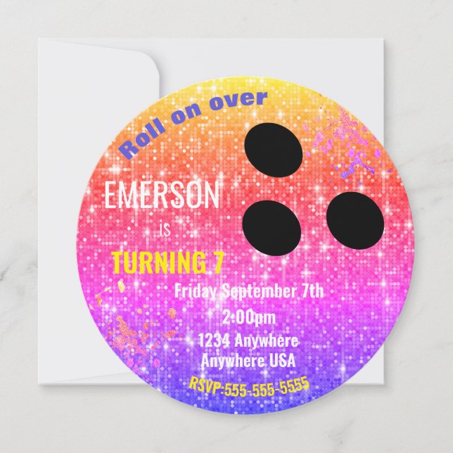 glitter BOWLING BALL, bowling, Glow birthday party Invitation (Front)
