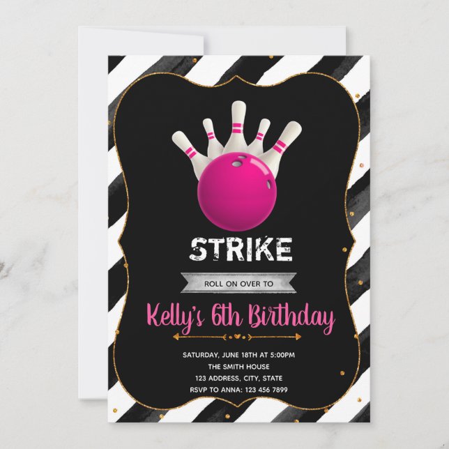 Glitter bowling party invitation (Front)
