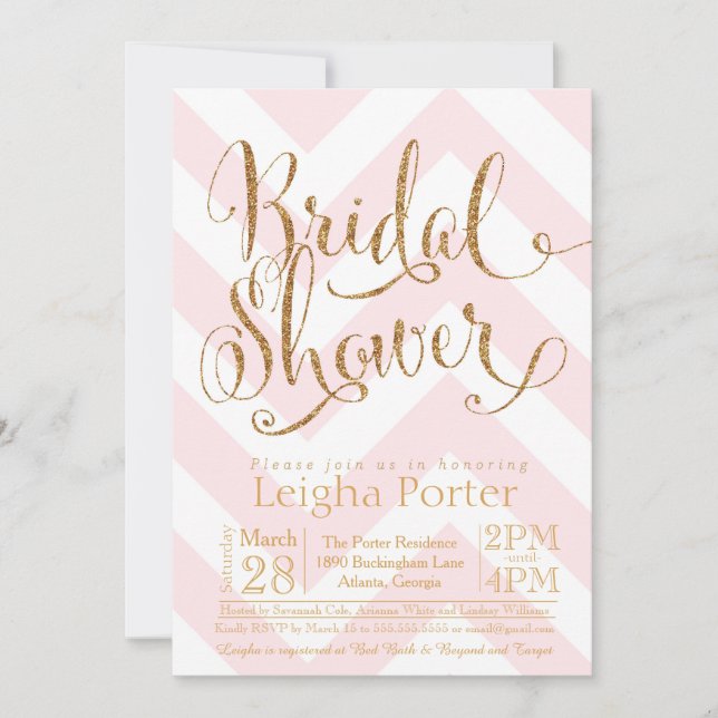 Glitter Bridal Shower Invitation Pink Gold Chevron (Front)