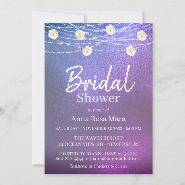 *~* Glitter Bridal Shower White Rose String Lights Invitation (Front)