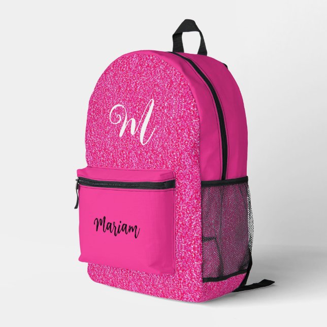 Glitter & Bright Hot Pink Colour - Monogram Printed Backpack (Back Corner Right)