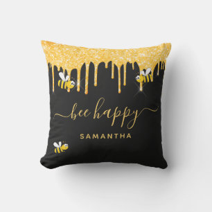 Glitter bumble bees be happy black gold monogram cushion