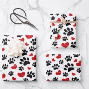 Glitter Cartoon Dog Paw Prints And Red Hearts Wrapping Paper Sheet
