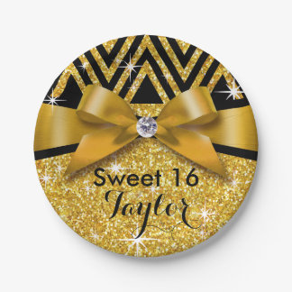 Glitter Chevron Bling Diamond Bow | gold Paper Plate