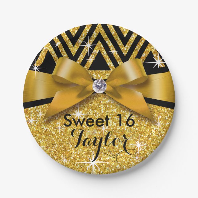 Glitter Chevron Bling Diamond Bow | gold Paper Plate (Front)