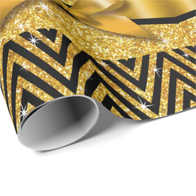 Glitter Chevron Bling Diamond Bow | gold Wrapping Paper (Roll Corner)