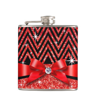 Glitter Chevron Bling Diamond Bow | red Hip Flask