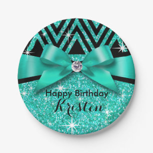 Glitter Chevron Bling Diamond Bow   teal Paper Plate