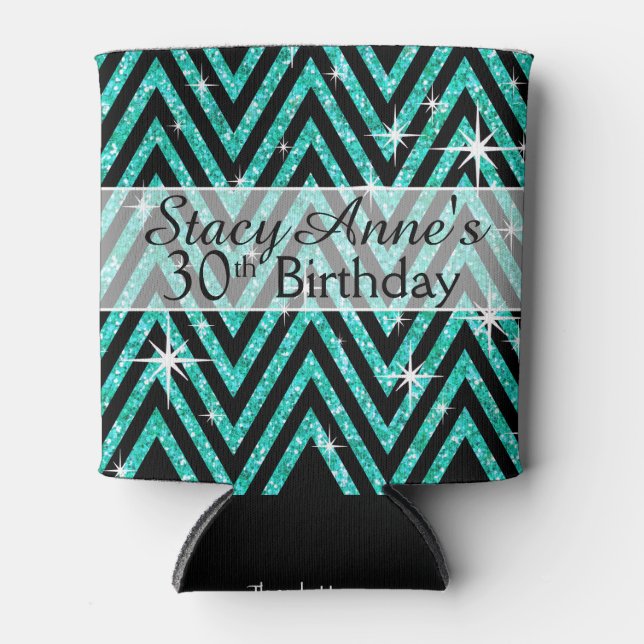 Glitter Chevron Bling | teal Can Cooler (Front)