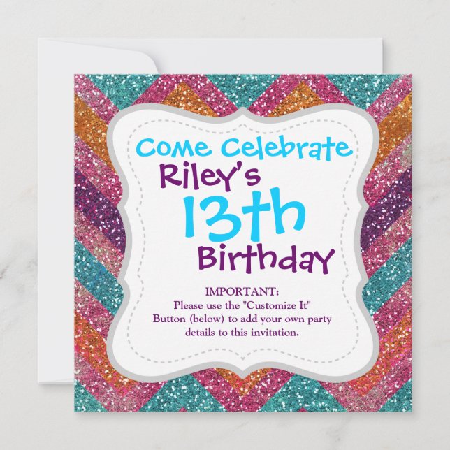 Glitter Chevron Pink Purple Orange Teal Invitation (Front)