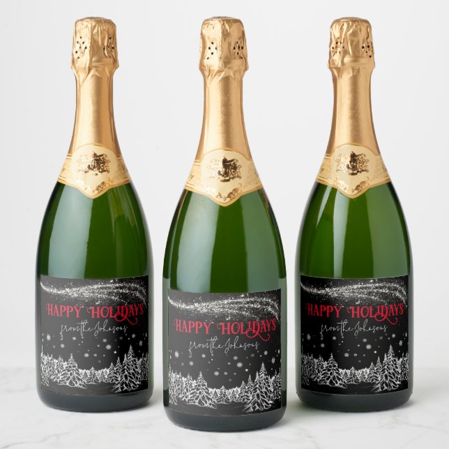 Glitter Christmas Trees Happy Holidays Black Sparkling Wine Label (Bottles)