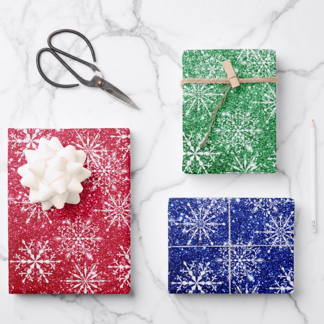 Glitter Christmas Watercolor Snowflake Pretty Wrapping Paper Sheet (Front)