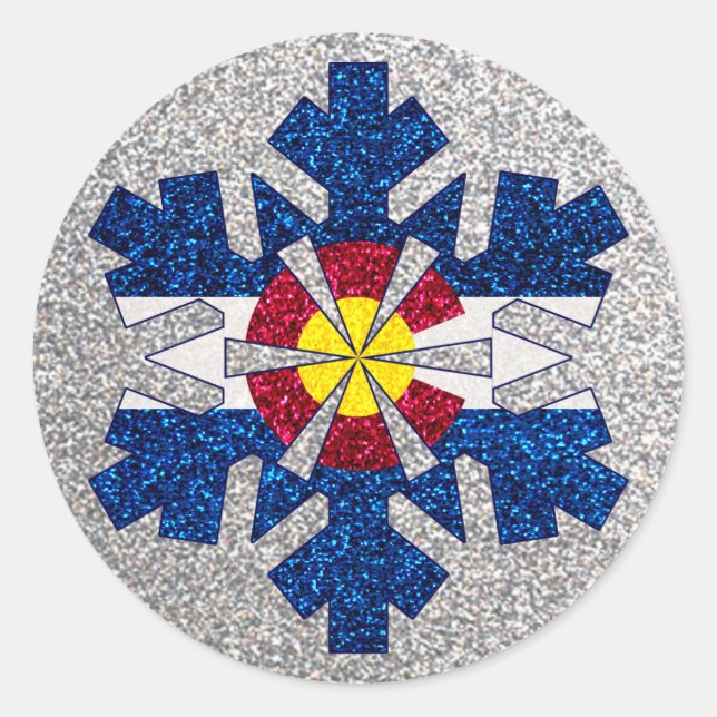 Glitter Colorado flag snowflake round stickers (Front)