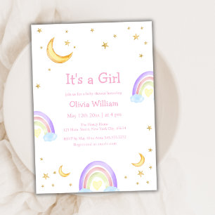 Glitter Colorful Rainbow Moon Star Baby Shower  Invitation