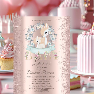 Glitter Confetti Baby Deers Flowers Baby Shower Invitation