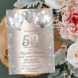 Glitter Confetti Balloons Champagne 50th Birthday Invitation