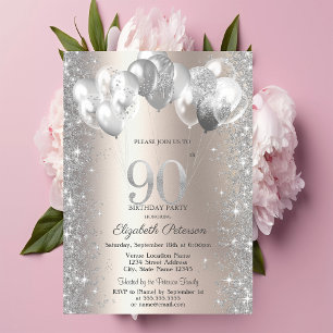 Glitter Confetti Balloons Champagne 90th Birthday Invitation