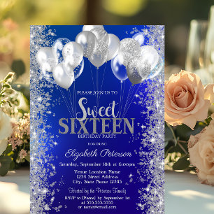 Glitter Confetti Balloons Navy Blue Sweet 16 Invitation