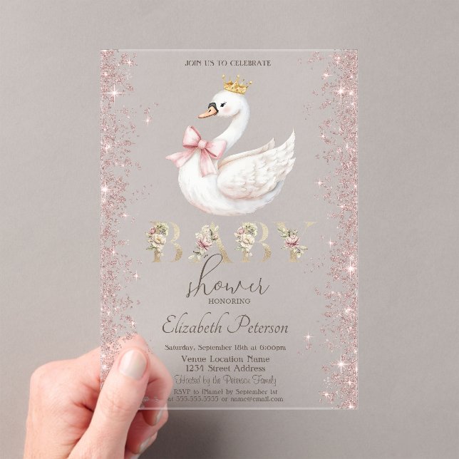 Glitter Confetti Floral Swan Bow Baby Shower Acrylic Invitations (Insitu (Handheld))