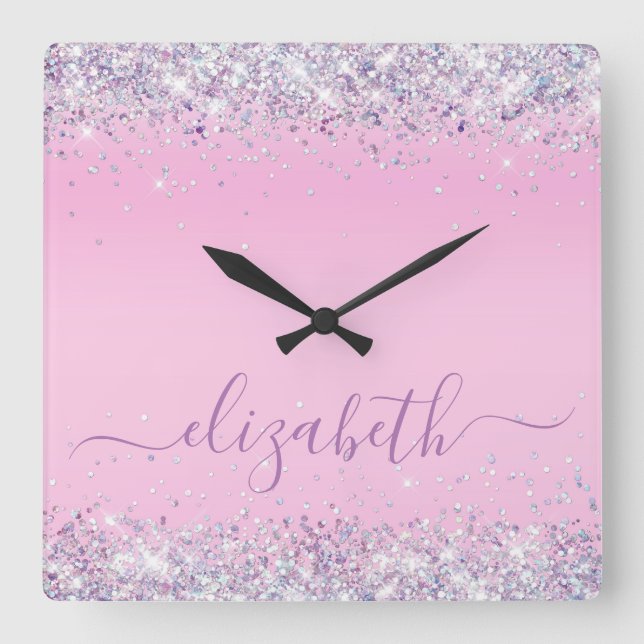 Glitter Confetti Personalised Pink Square Wall Clo Clock (Front)