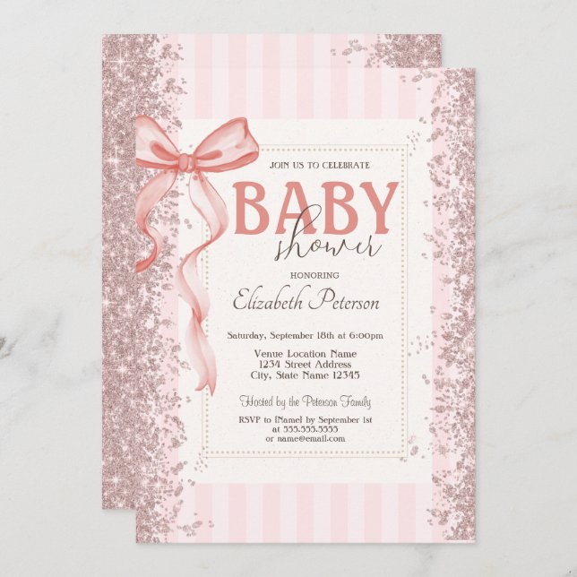 Glitter Confetti Pink Bow Striped Baby Shower Invitation (Front/Back)