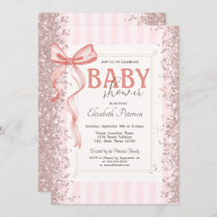 Glitter Confetti Pink Bow Striped Baby Shower Invitation