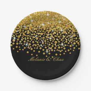 Glitter Confetti Shower gold black Paper Plate